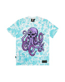 DDD HIMMELBLAUES Batik-T-Shirt mit Oktopus-Totenkopf