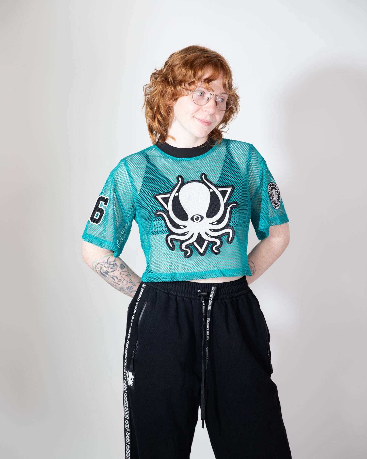 TEAL MESH CROP TOP JERSEY