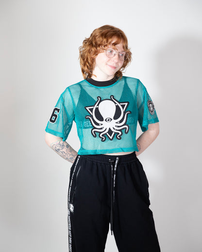 TEAL MESH CROP TOP JERSEY