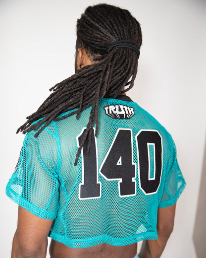 TEAL MESH CROP TOP JERSEY