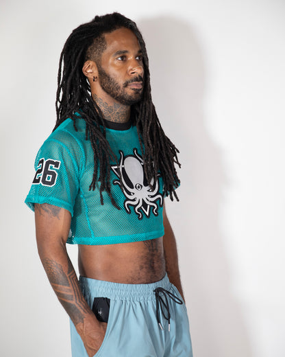 TEAL MESH CROP TOP JERSEY