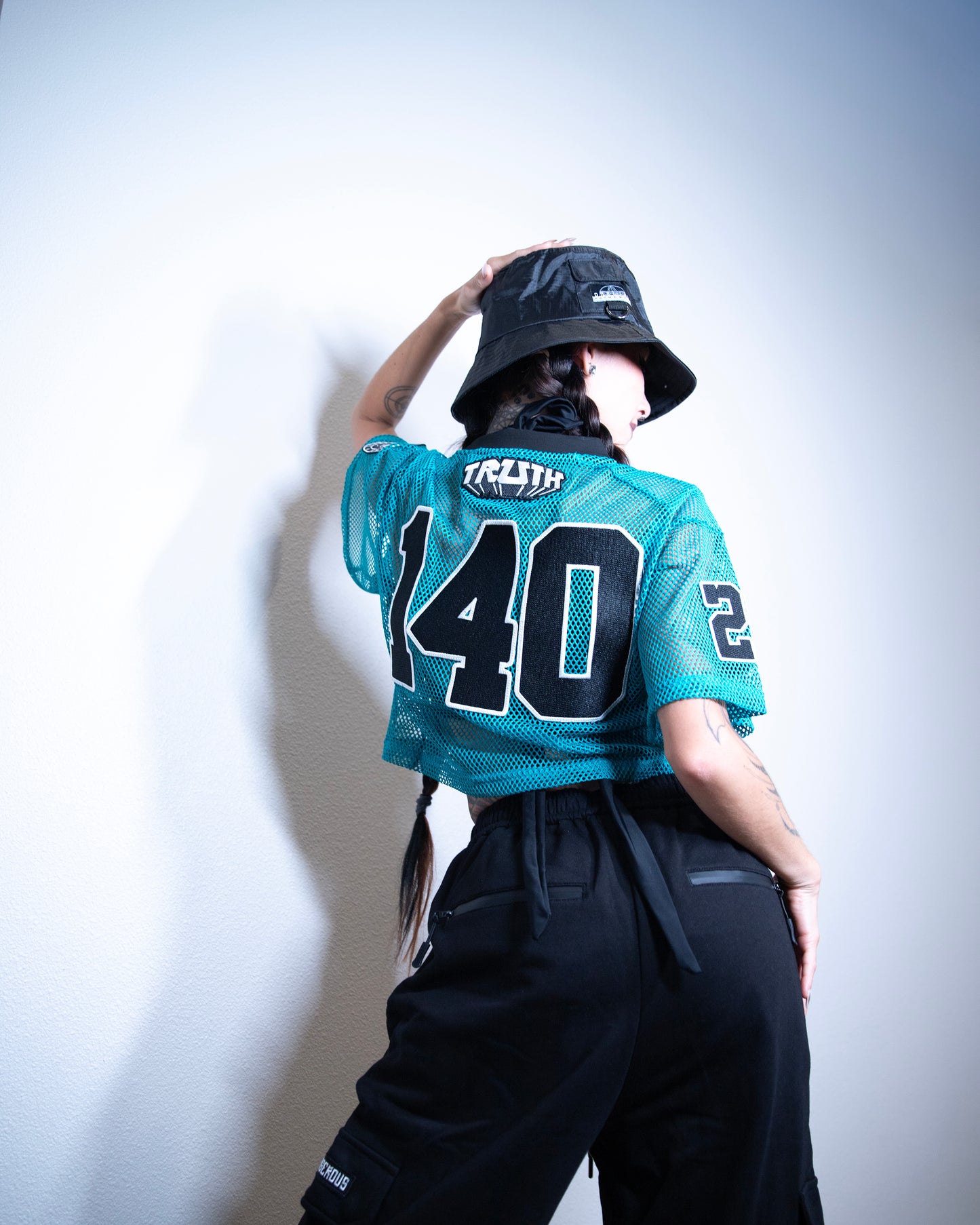 TEAL MESH CROP TOP JERSEY
