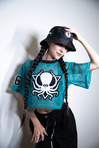 TEAL MESH CROP TOP JERSEY